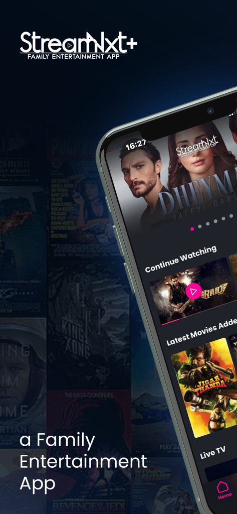 StreamNxt plus mobile app interface showing Somali movies and live TV content.