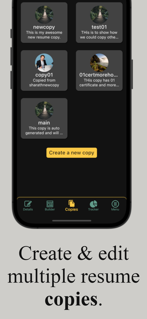 AI Resume Writer Genius: Resji - Una pantalla móvil que muestra varias versiones de currículum y un botón para crear una nueva copia.