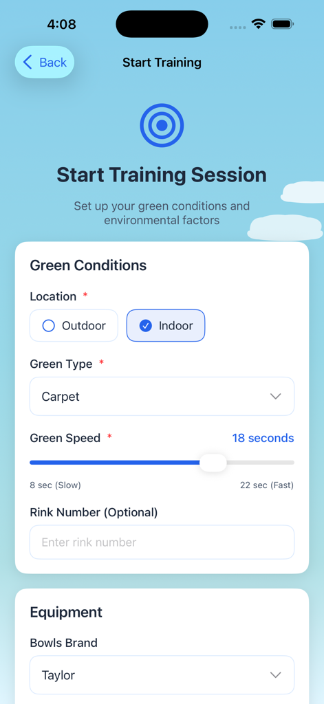 Torny - Pantalla de inicio de sesión de entrenamiento de la aplicación Torny mostrando las condiciones de la cancha y la configuración del equipo.