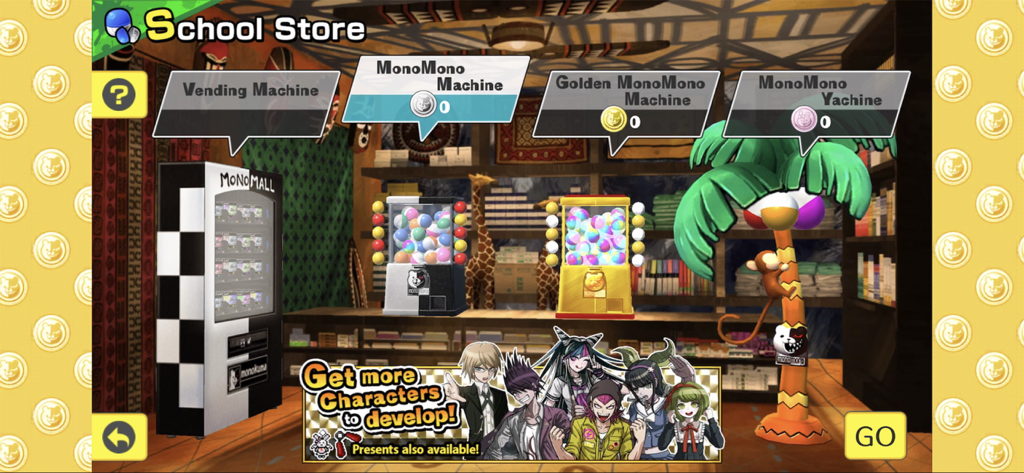 Danganronpa S: Ultimate Summer - School Store screen featuring MonoMono machines and various characters in Danganronpa S Ultimate Summer Camp
