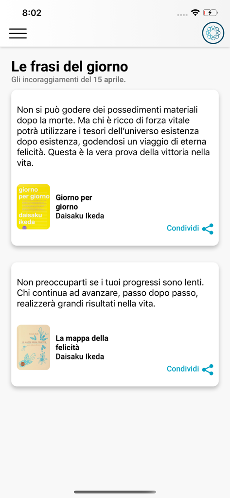 SGI Italia - SGIイタリアモバイルアプリの画面。毎日の仏教の引用句やモチベーションを高めるフレーズが表示されています。