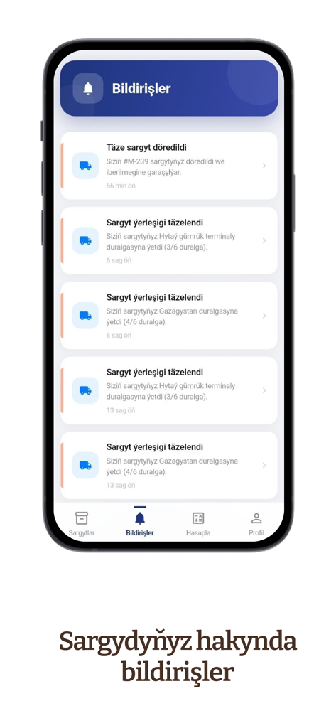 Cargo MB Express - Notifications screen of the Cargo MB Express app displaying shipment tracking updates and status alerts in Turkmen language.