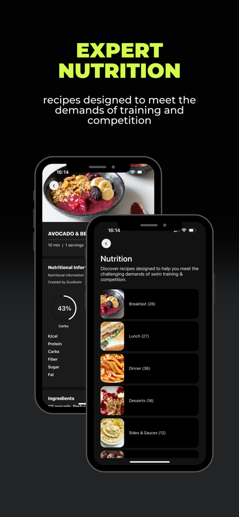 DuoSwim app showing expert nutrition recipes and nutritional information for swim training