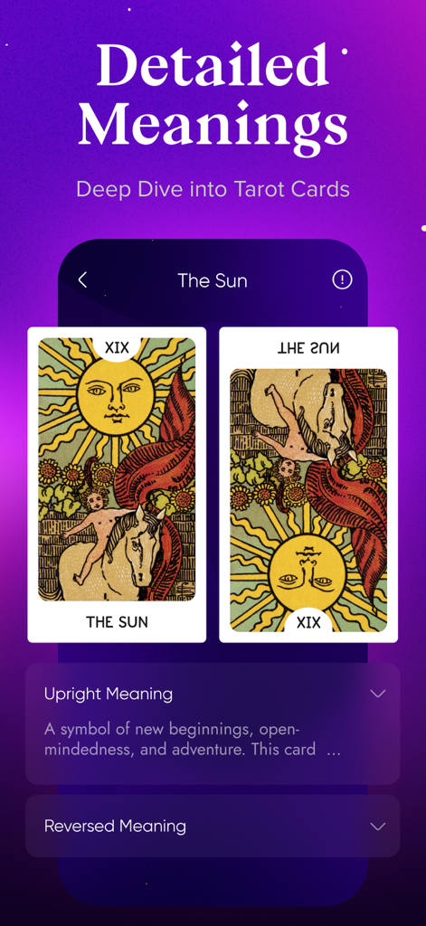 Lumi: AI Tarot & Horoscope - Lumi app interface showing detailed upright and reversed meanings for The Sun tarot card.