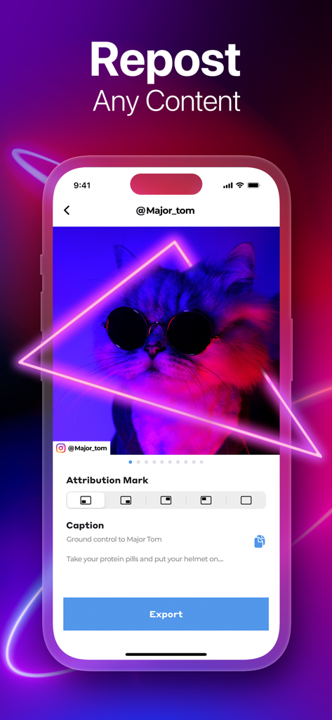 猫の写真の帰属マークとキャプション編集を示すRepostアプリのインターフェイス。