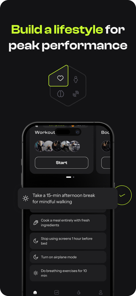 Oly: Personal Fitness Coach - Oly fitness app interface displaying a list of lifestyle habits for peak performance