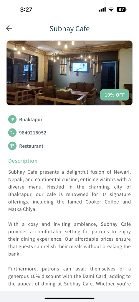 Dami Experience - Ecrã da aplicação Dami Experience mostrando detalhes do restaurante para o Subhay Cafe em Bhaktapur com uma oferta de desconto
