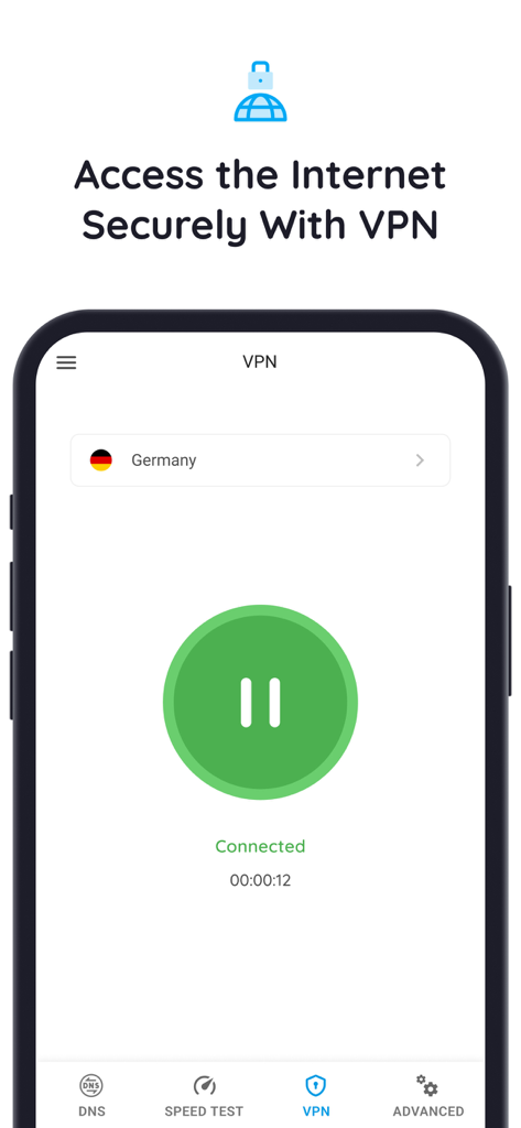 DNS 및 IP 변경기 앱의 인터페이스로 독일과의 활성 보안 VPN 연결을 보여줍니다.
