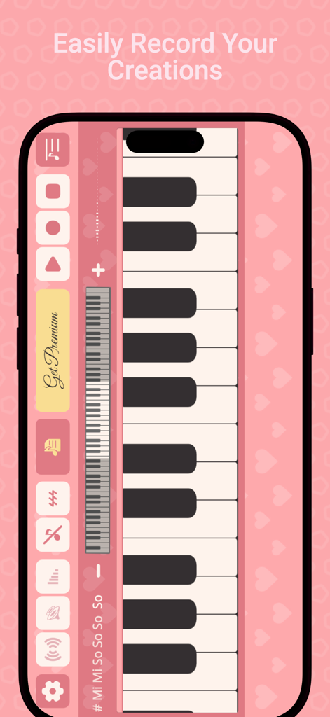 Pink piano keyboard interface on a smartphone screen with recording controls and a heart patterned background.