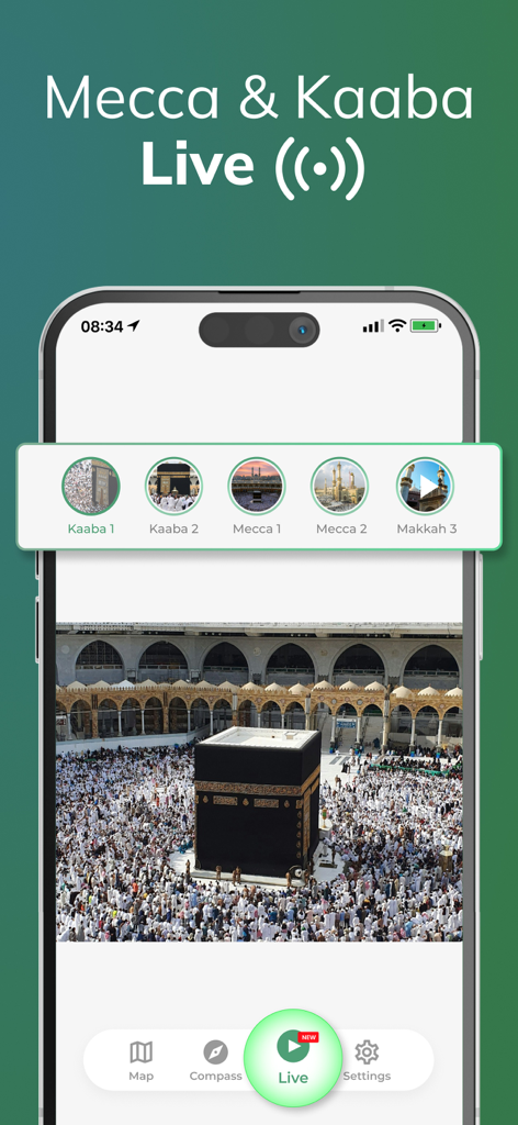 Qibla Finder 100% اتجاه القبلة - Ein Smartphone zeigt einen Live-Videostream der Kaaba in Mekka innerhalb der Qibla Finder App.