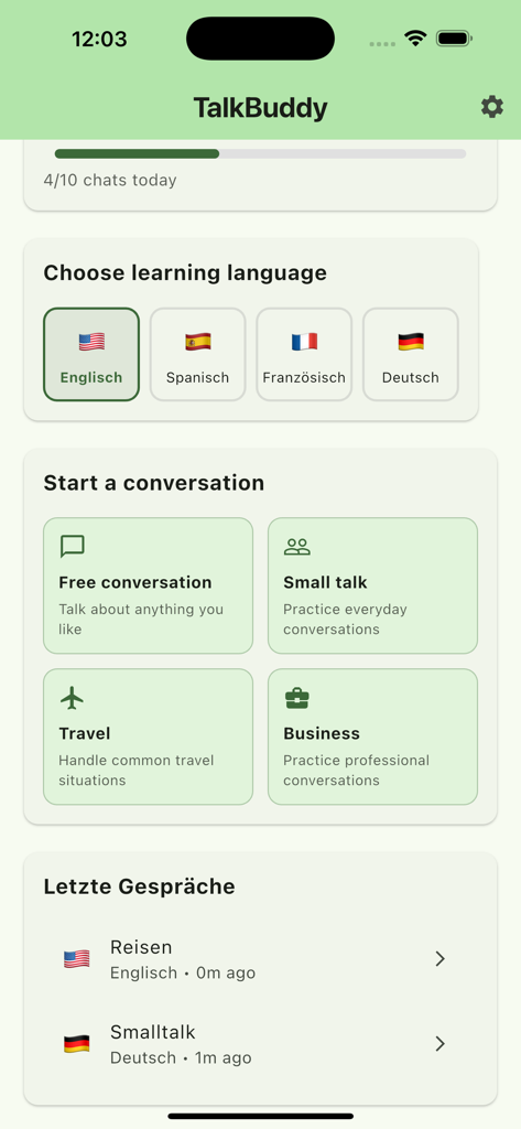TalkBuddy - Main dashboard of the TalkBuddy app showing language selection for English, Spanish, French, and German along with conversation categories like Travel and Business.