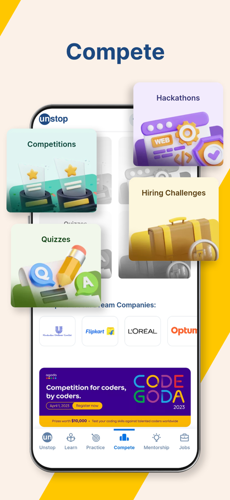 Unstop - Mobile screen of the Unstop app showing the Compete tab with options for hackathons competitions quizzes and hiring challenges
