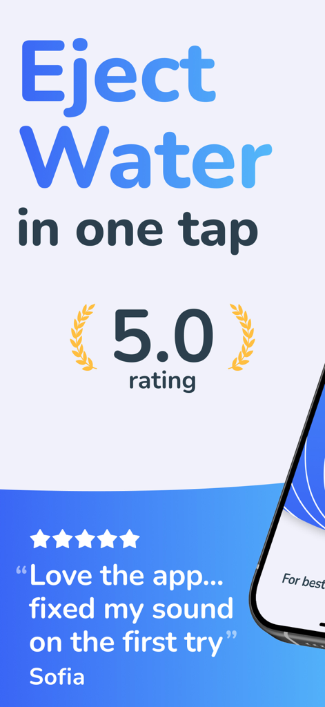 Water Eject・Speaker Cleaner AI - Promotional screen for Water Eject app featuring a 5.0 star rating and a positive user review from Sofia about fixing sound