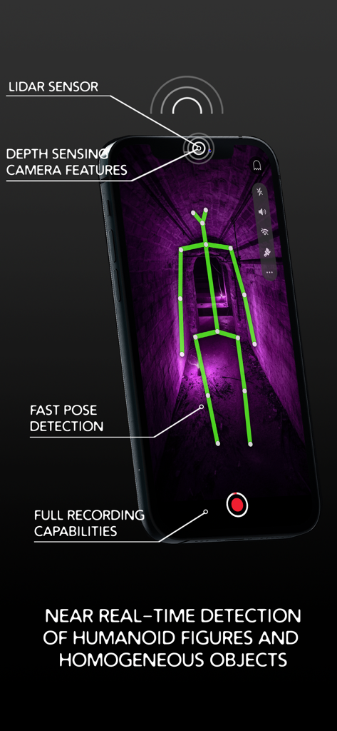 GhostTube SLS Camera - GhostTube SLS Camera app interface showing a green stick figure detected in a dark corridor using LiDAR technology.