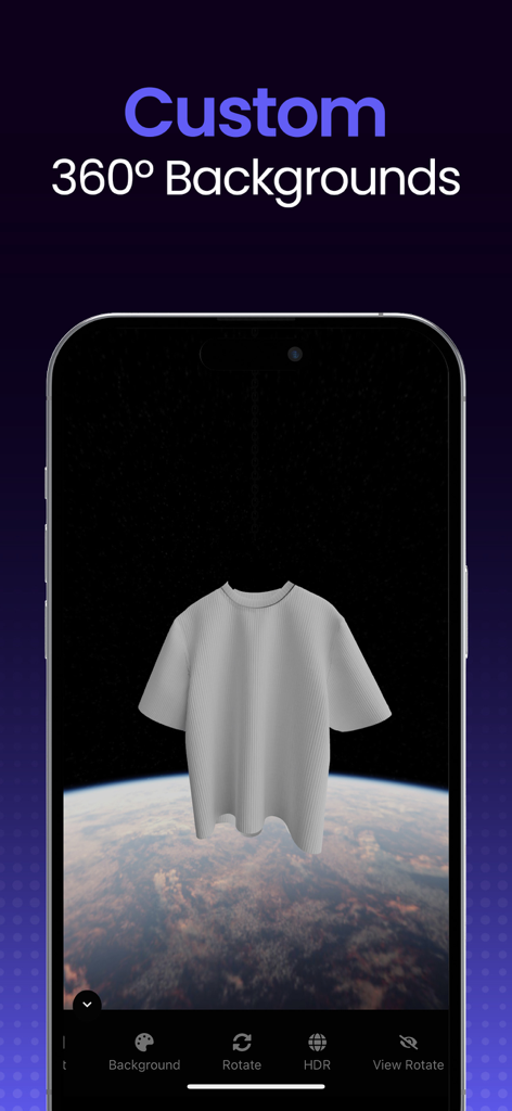 A 3D white t-shirt mockup displayed against a custom space background with Earth in view