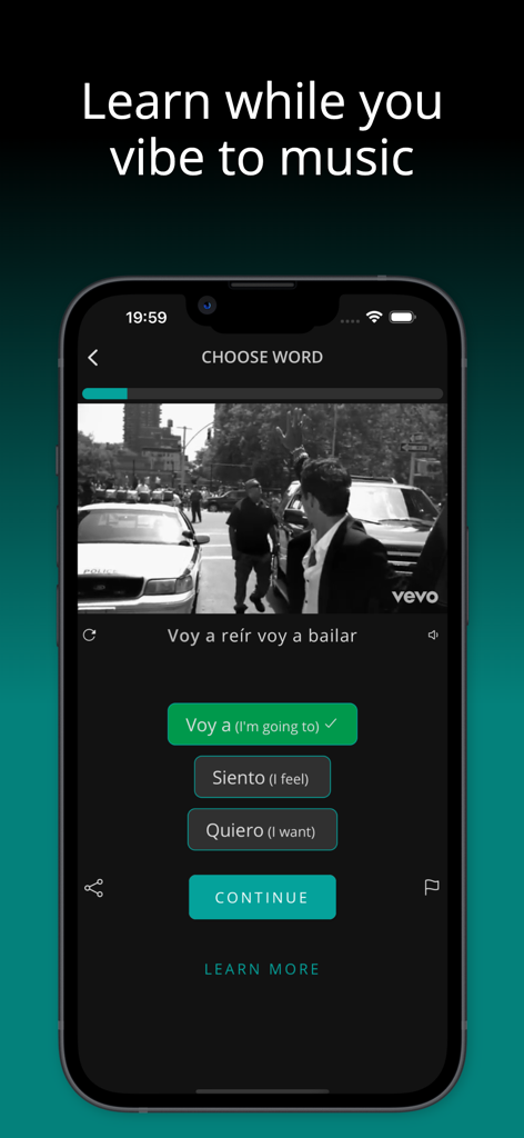 LyricFluent: Learn Languages - LyricFluent app screenshot showing a Spanish vocabulary quiz using a music video and lyrics