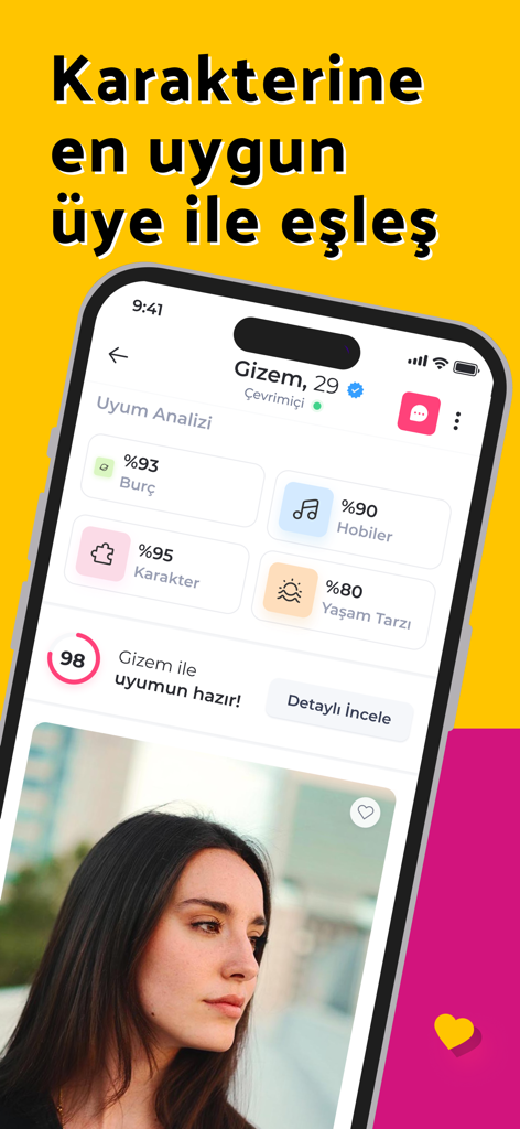 Pembe Panjur Chat & Arkadaşlık - Pembe Panjur mobile app interface showing a character compatibility analysis and user profile for serious Turkish dating.