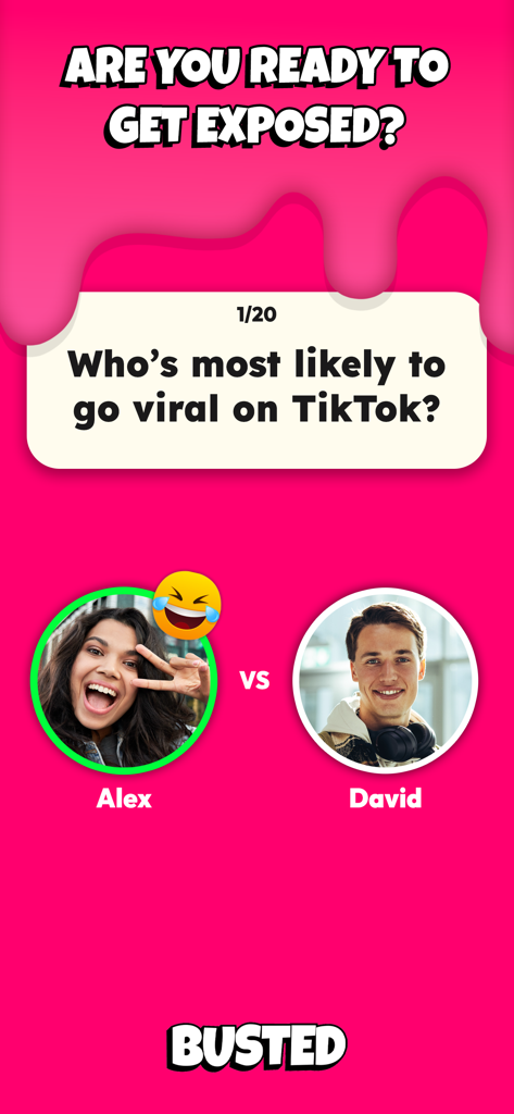 Busted & Exposed 2: Party Game - Bustedパーティーゲームの投票画面で、TikTokでバイラルになる可能性が最も高いのは誰かを尋ねています。