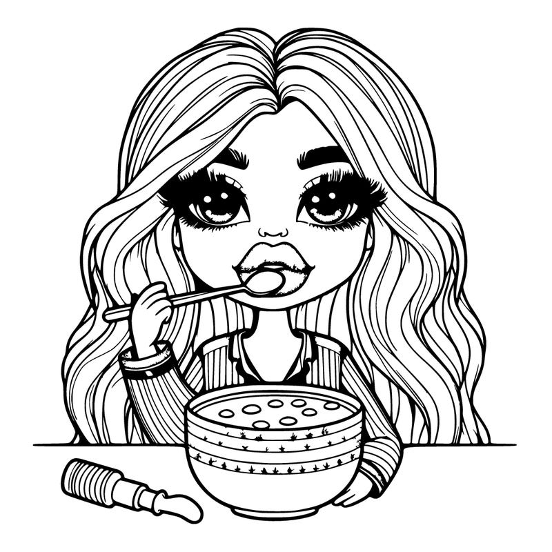girl with big lips and long hair eating breakfast with pjs