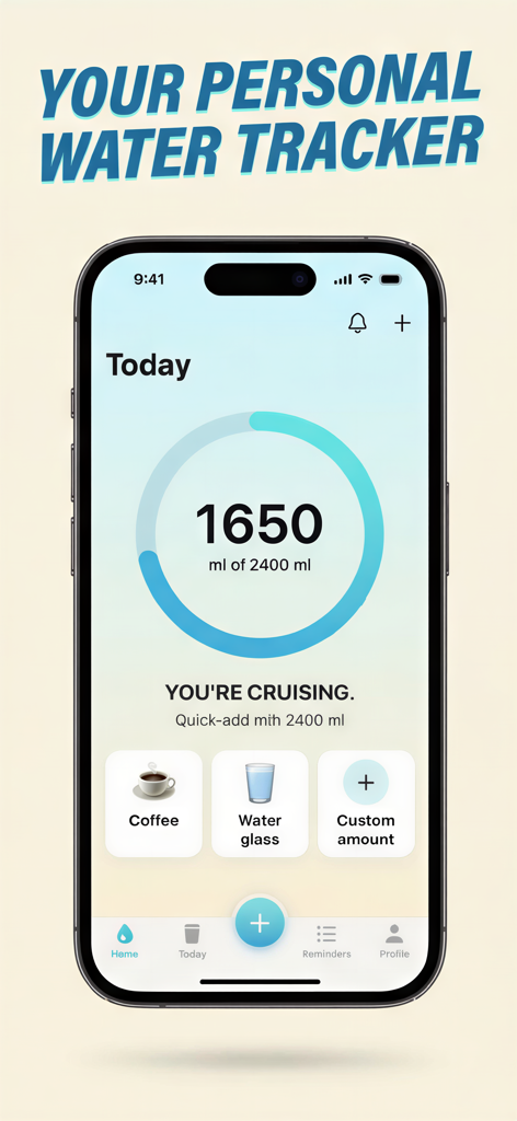 Water reminder & intake - WATR - Pantalla de inicio de la aplicación de hidratación WATR que muestra un anillo de progreso circular para la ingesta diaria de agua y botones de adición rápida para café y agua.