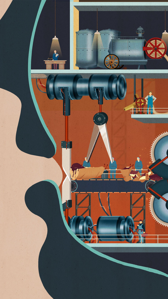 Homo Machina - Cross-section of a human mouth depicted as a 1920s industrial factory with mechanical scissors cutting food and tiny workers.