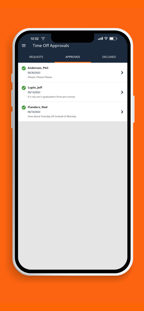 TimeStar Mobile - TimeStar Mobile app interface showing a list of approved employee time off requests with comments