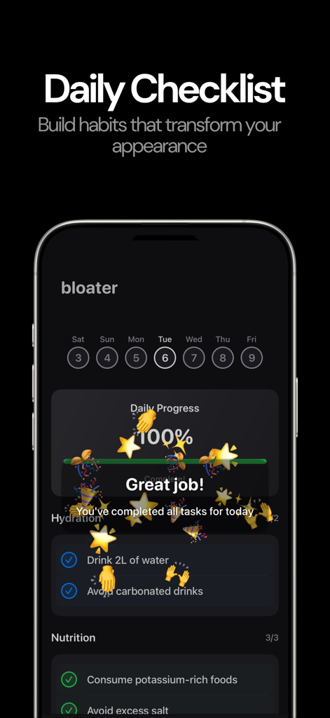 Daily checklist screen in the bloater ai app showing completed tasks for hydration and nutrition with a 100 percent progress celebration