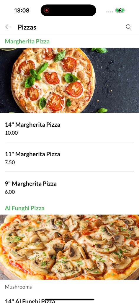 Adam's Fish Bar - Mobile app menu for Adam's Fish Bar showing Margherita and mushroom pizza options with prices