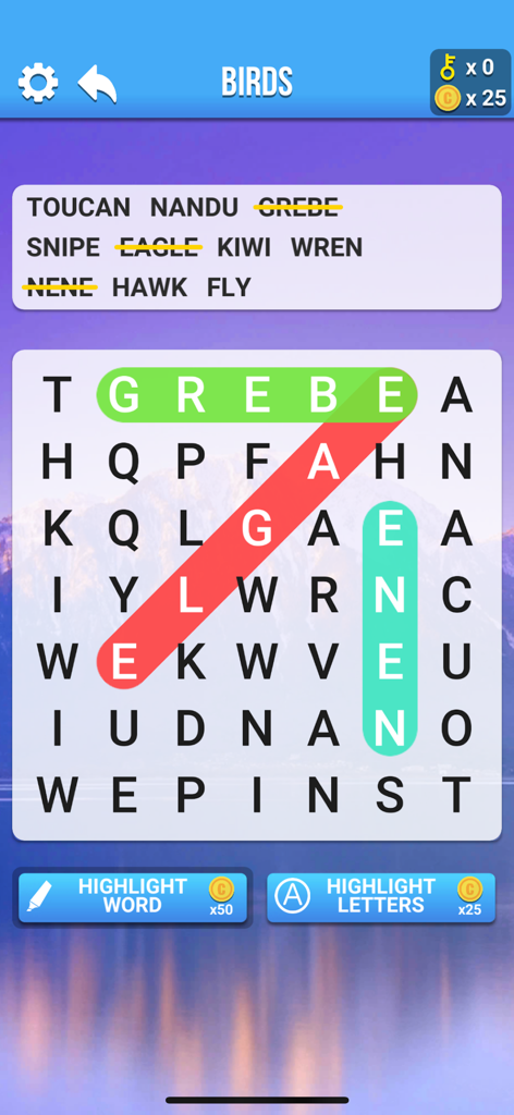 Word search puzzle game interface showing bird names in a grid with a mountain background