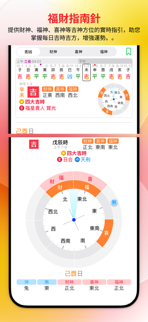Tong Sing 2026 app interface showing a traditional Chinese deity direction compass for daily lucky directions