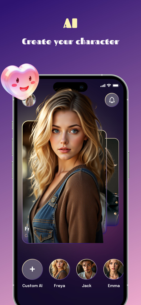 Soll - Live Chat, Fun Call - Interface of the Soll app showing options to create or select AI characters like Freya, Jack, and Emma for live chats.