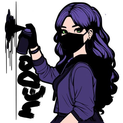 realistic girl with mask spray painting a wall