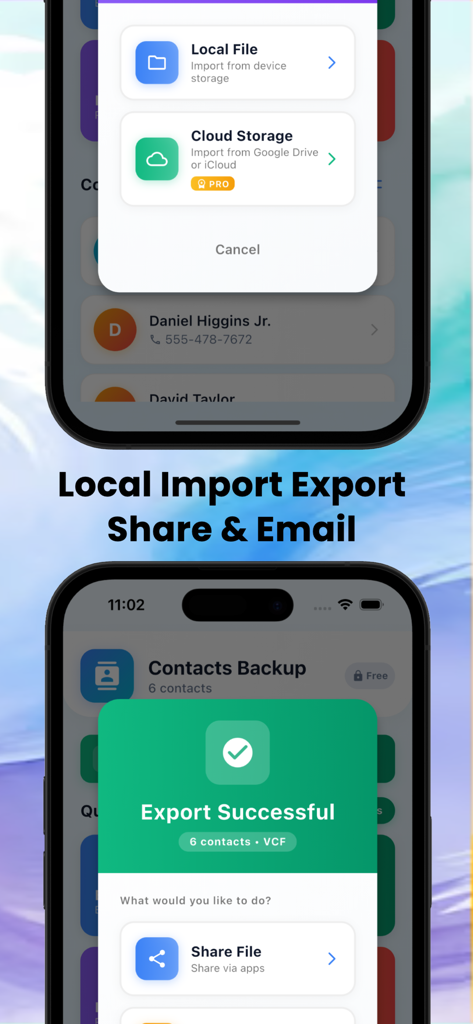 Contacts Backup : Pro - Screenshots of the Contacts Backup Pro app showing cloud storage import options and a successful VCF contact export screen