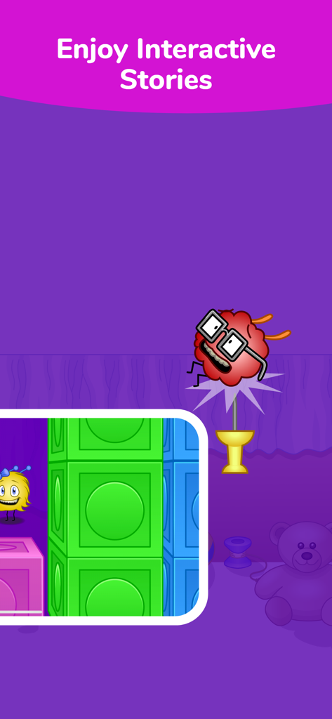 Tynker Junior: Coding for Kids - Captura de pantalla de la aplicación Tynker Junior que muestra historias interactivas con personajes lindos