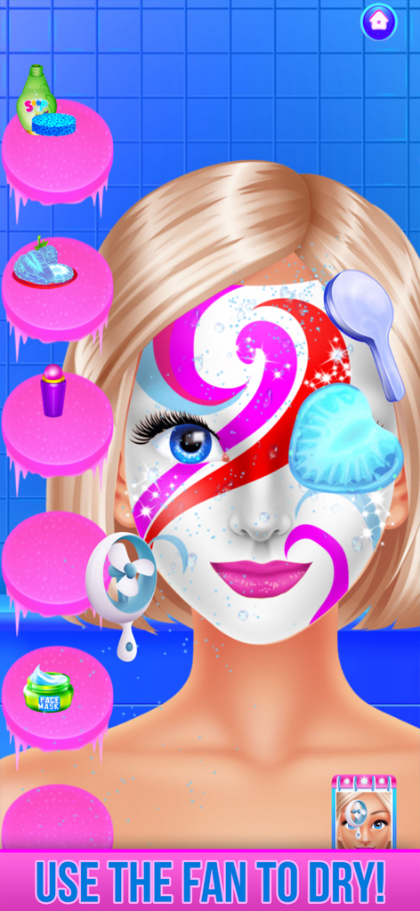A princess character with colorful swirly face paint being dried by a hand fan in a spa salon game