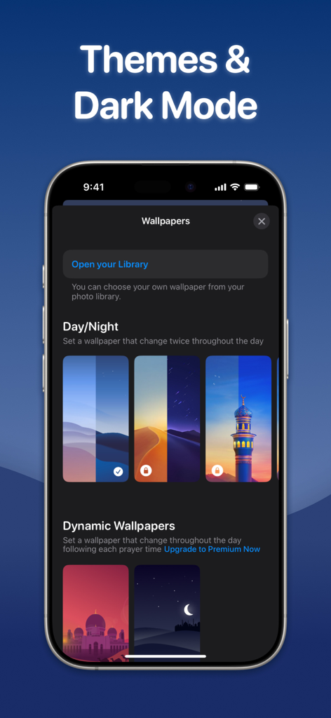Athan Pro app interface for selecting day night and dynamic prayer time wallpapers