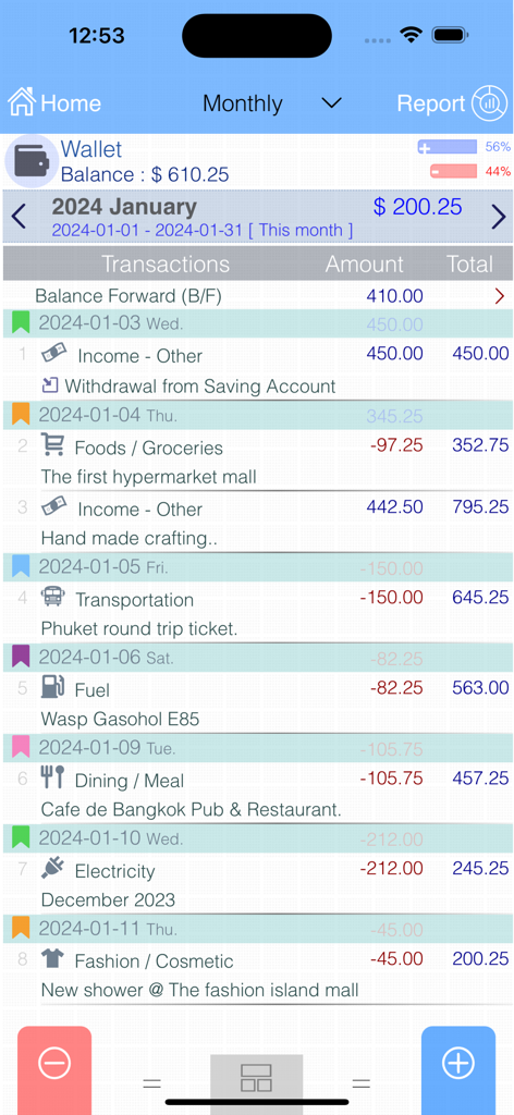 Pantalla de historial de transacciones mensuales en Evo Wallet que muestra ingresos y gastos categorizados con saldos acumulados.