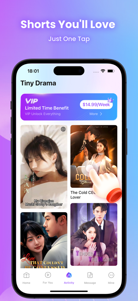 ロマンチックな短編ドラマのポスターとVIP会員特典を表示するTiny Dramaアプリのスマートフォン画面。