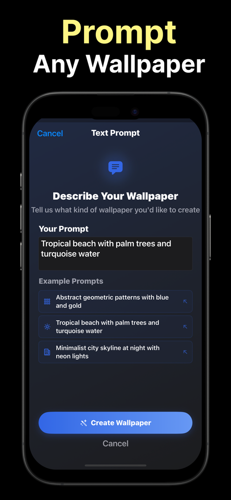 Pantalla de la aplicación móvil que muestra una interfaz de aviso de texto para generar fondos de pantalla de IA personalizados con sugerencias de ejemplo.