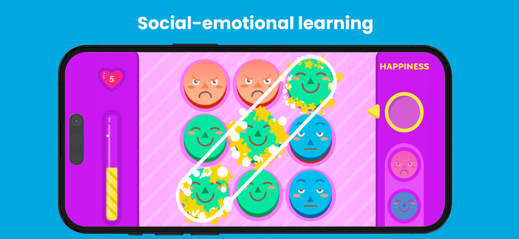 Kokoro Kids: educational games - A screenshot of the Kokoro Kids mobile app showing an educational game for social-emotional learning where children match happy face icons.