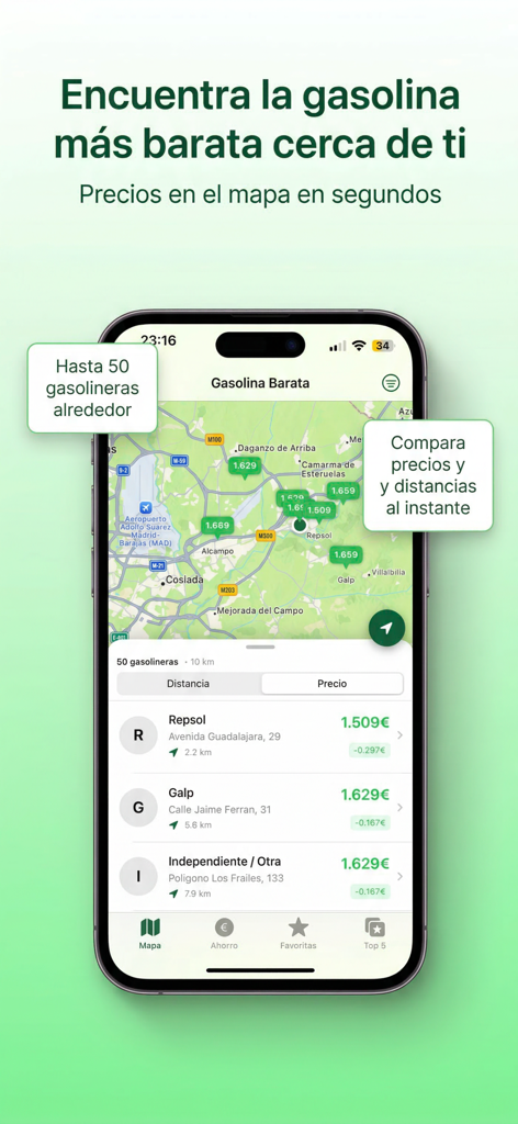 Gasolina Barata – Precio Hoy - Interfaccia dell'app Gasolina Barata che mostra una mappa con i prezzi del carburante e un elenco di stazioni di servizio nelle vicinanze