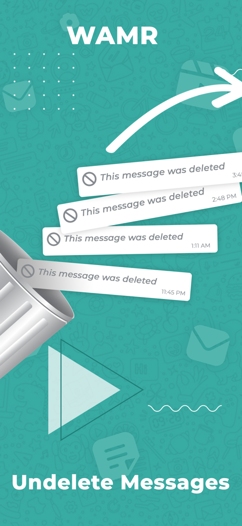 WAMR Recover Deleted Messages - Interface do aplicativo WAMR exibindo bolhas de bate-papo excluídas sendo recuperadas de um ícone de lixeira
