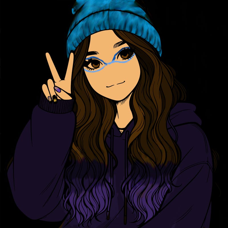 a teenage girl in a beanie, oversized sweatshirt, wavy long hair, and is showing a ✌️