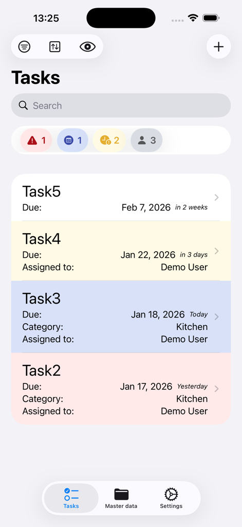Grocy Mobile - The tasks screen of the Grocy Mobile app showing a list of household chores with due dates and assigned users.