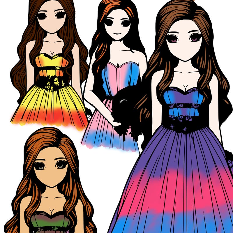 realistic girl in prom dress with long hair