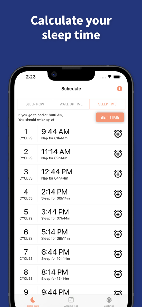Sleep Cycle - Sleep Calculator - Interfaccia del calcolatore di orari dell'app Sleep Cycle che mostra un programma di orari di risveglio basato su diversi cicli del sonno.