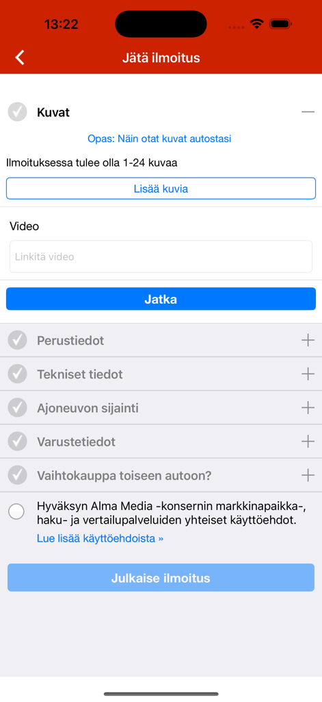 사진 및 기술 사양 섹션이 있는 새 자동차 광고 생성 양식을 보여주는 Nettiauto 앱의 모바일 화면.