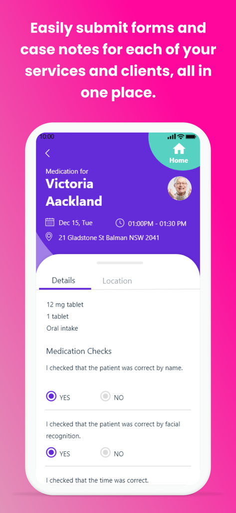 CareVision Plus mobile app interface for medication verification and client case notes.