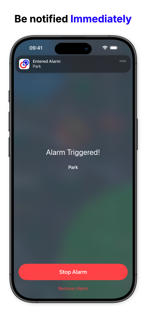 An iPhone screen displaying a triggered location alarm from the Localarm app with a Stop Alarm button