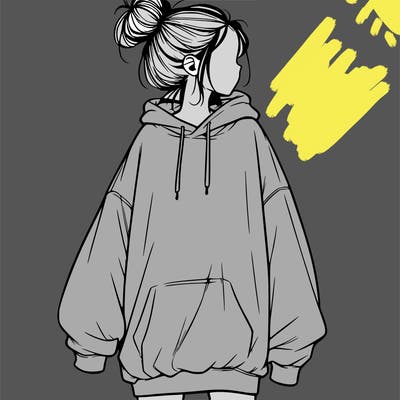 realistic girl with a oversized sweatshirt on and a bun
